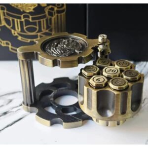 SET DE DADOS BALA POLIEDRICOS DE METAL CON CONTENEDOR DE CILINDRO GIRATORIO DORADO OSCURO