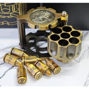 SET DE DADOS BALA POLIEDRICOS DE METAL CON CONTENEDOR DE CILINDRO GIRATORIO DORADO CLARO