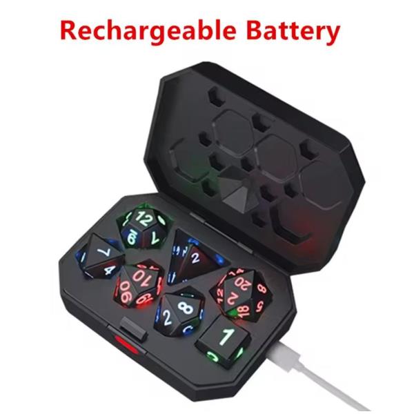 JUEGO DE 7 DADOS POLIEDRICOS CON LUZ LED RECARGABLES USB #03