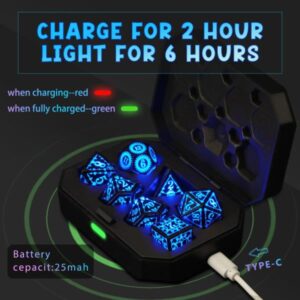 JUEGO DE 7 DADOS POLIEDRICOS CON LUZ LED RECARGABLES USB #01