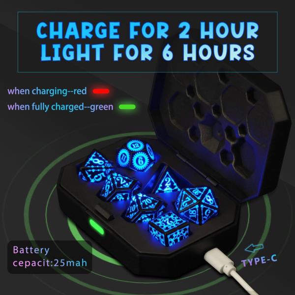 JUEGO DE 7 DADOS POLIEDRICOS CON LUZ LED RECARGABLES USB #01
