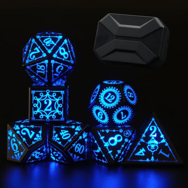 JUEGO DE 7 DADOS POLIEDRICOS CON LUZ LED RECARGABLES USB #01 - Imagen 3