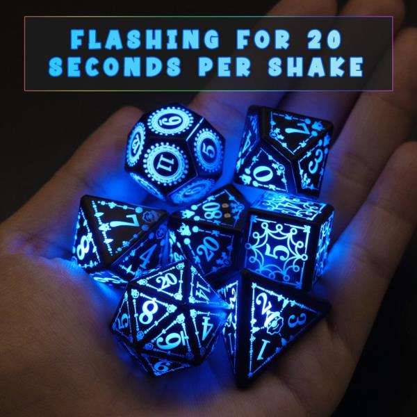 JUEGO DE 7 DADOS POLIEDRICOS CON LUZ LED RECARGABLES USB #01 - Imagen 4