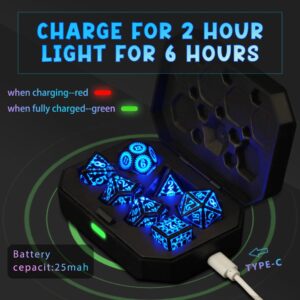 JUEGO DE 7 DADOS POLIEDRICOS CON LUZ LED RECARGABLES USB #01